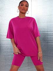 Casual Solid 2pc Set Short Sleeve T shirt & Skinny Shorts Outfit Women's