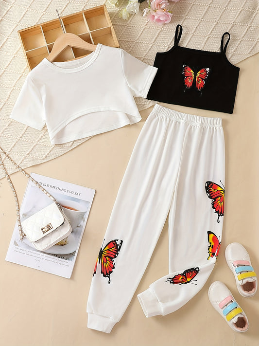 Girls 3pcs Casual Suit T Shirt & Camisole & Pants Set Kids Sports Leisure