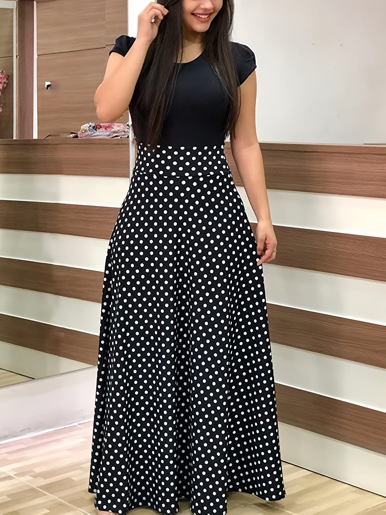 Splicing Crew Neck Dress Short Sleeve Pleated Maxi Dress Women's Clothing
