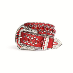 Red Rhinestone Hip Hop Belt Skull Rivet Decor Glitter Sparkling PU Leather Belt
