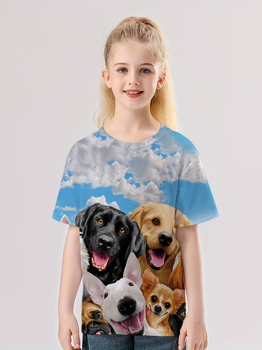 Girls Puppy Graphic Crew Neck Short Sleeve T shirt For Summer Gift
