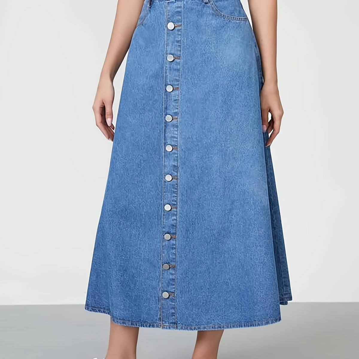 Button Denim Midi Skirt A Line Non Stretch Denim Skirt Women's Denim Clothing