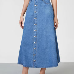 Button Denim Midi Skirt A Line Non Stretch Denim Skirt Women's Denim Clothing