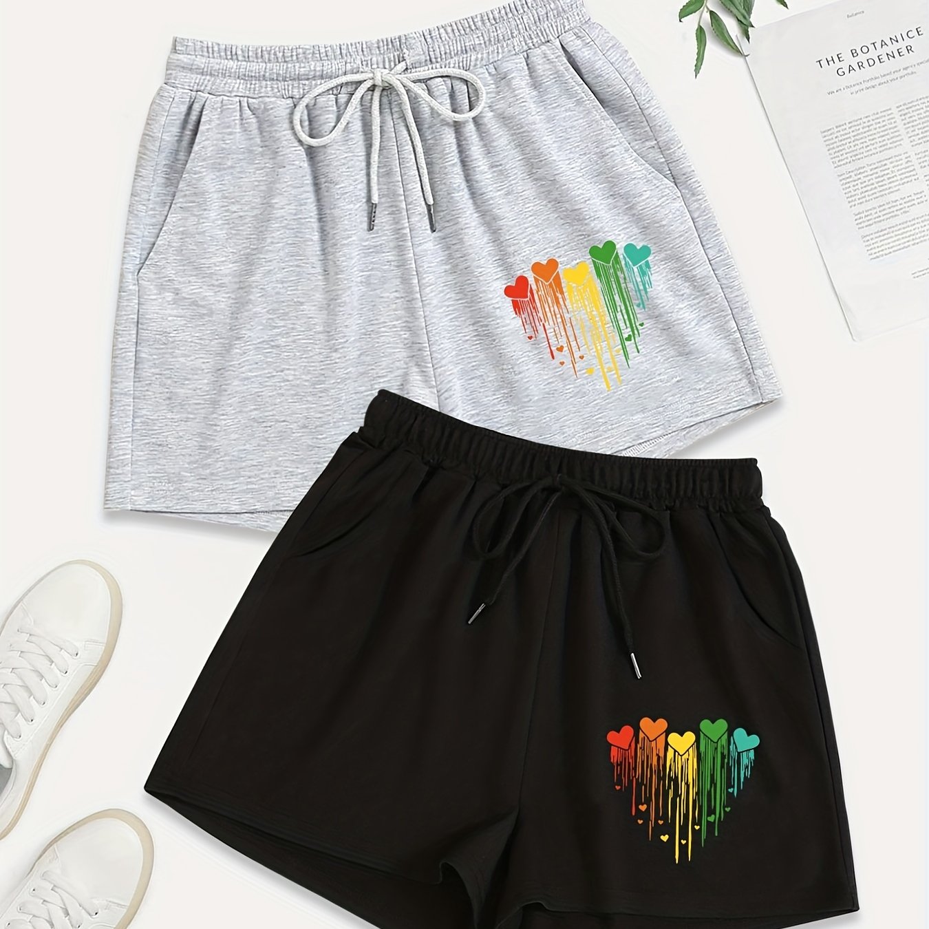 2 Pack Plus Size Casual Heart Print Drawstring Shorts With Pockets Set