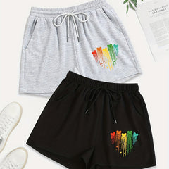 2 Pack Plus Size Casual Heart Print Drawstring Shorts With Pockets Set