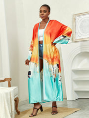 Boho Kimono Women's Plus Lotus Print Open Front Belted Cover Up