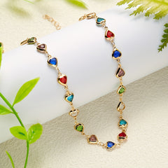 Colorful Faux Crystal Chain Anklet Love Heart Silver Plated Ankle Bracelet