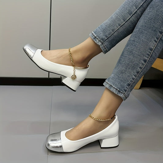 Women's Colorblock Chunky Low Heels Square Toe Chain Ankle Strap Shoes