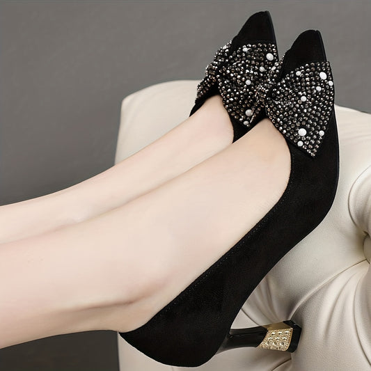 Women's Rhinestone Bowknot Slip On Stiletto Heels