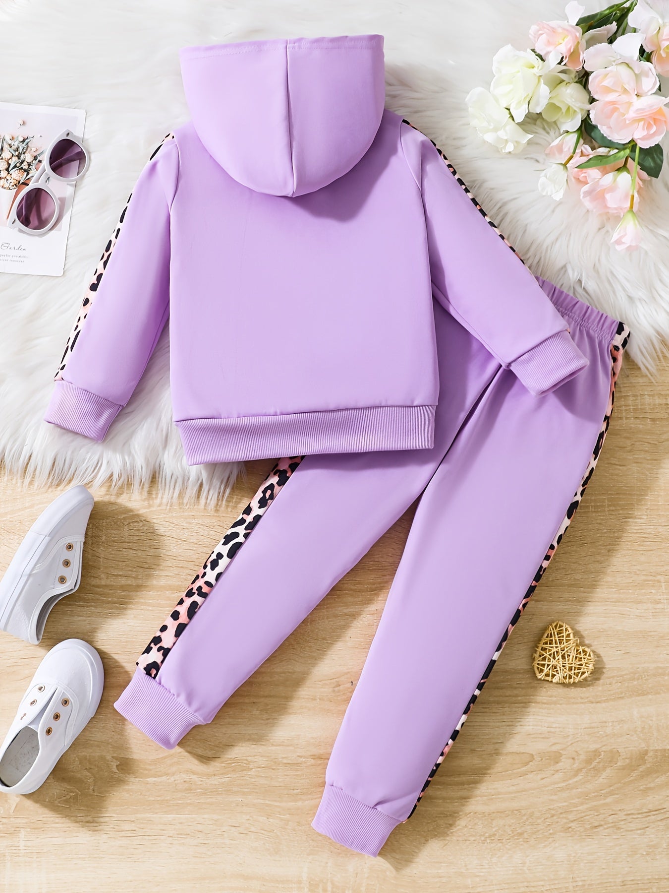 2pcs Girls Leopard print Hoodie And Pants Set