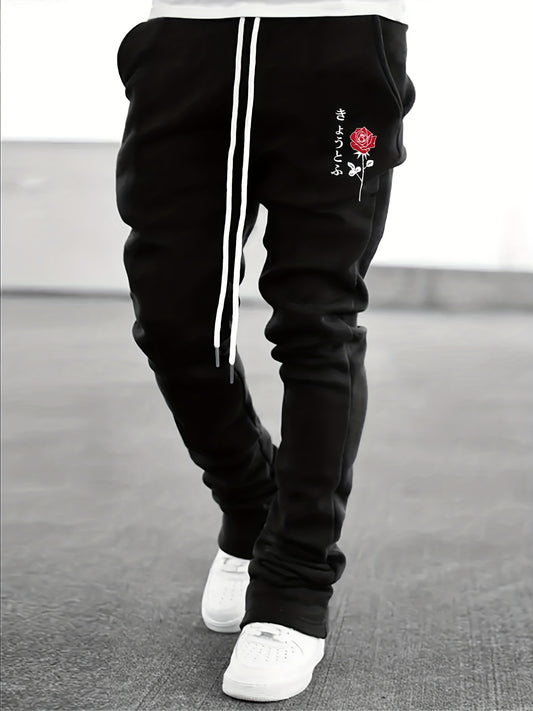 Flower & Japanese Letter Print Men's Drawstring Jogger Pants