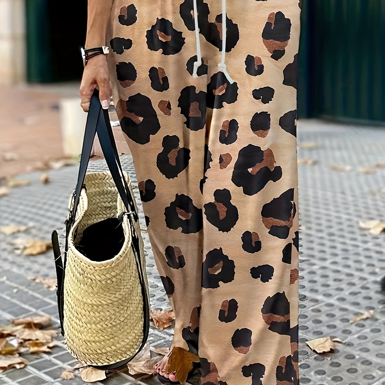  Leopard Print Drawstring Waist Wide Leg Trousers