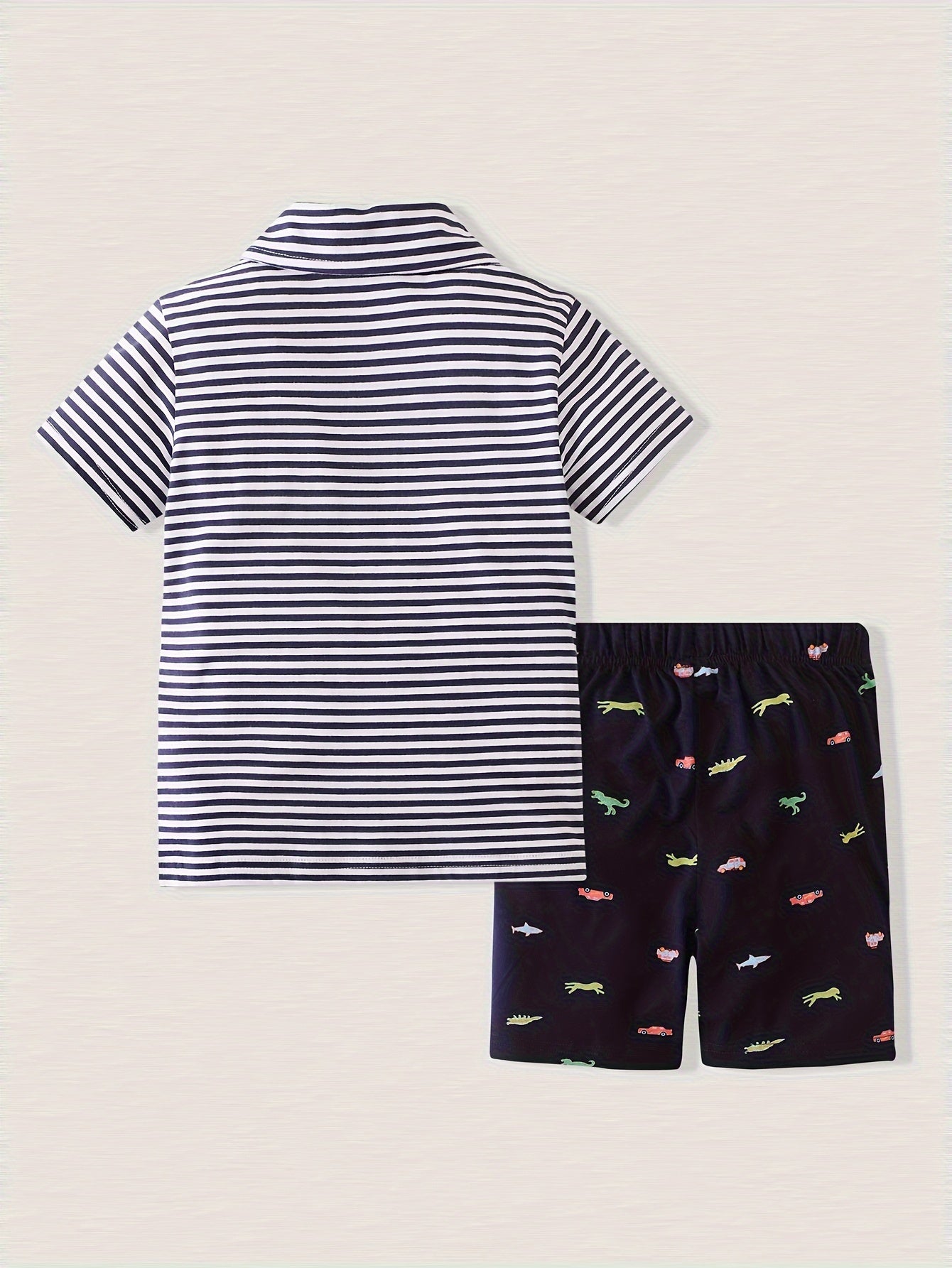Cartoon Car Shorts & Striped T Shirt Set for Kids