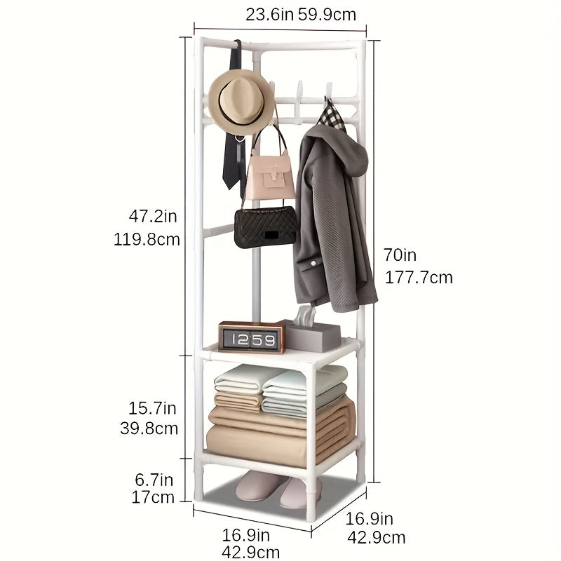 2 Tier Coat Rack with 4 Double Hooks - Sturdy Standing Storage