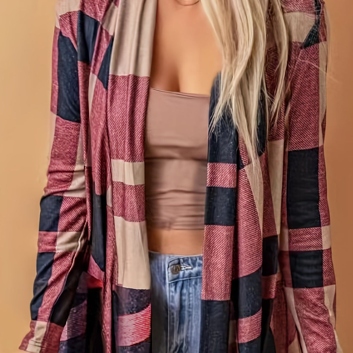  Plaid Print Long Sleeve Shawl Collar Open Front Cardigan