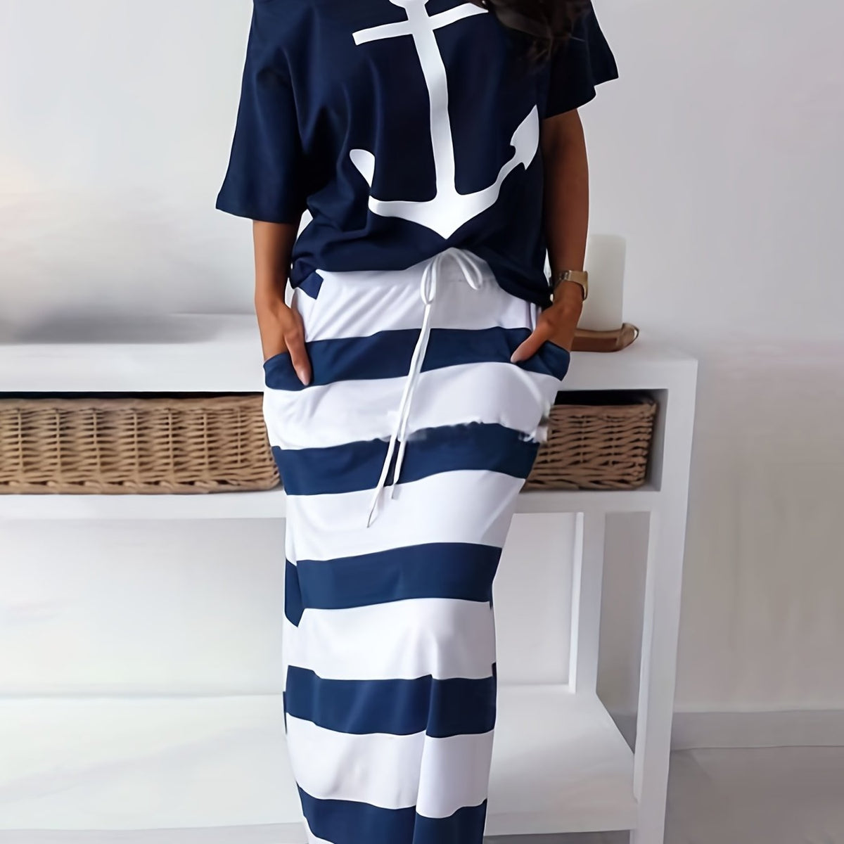 Anchor Print Off Shoulder T-shirt & Striped Maxi Skirt Set