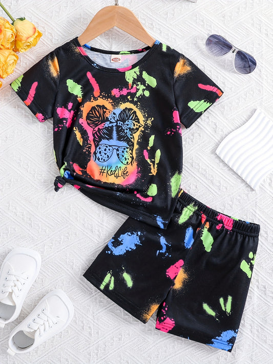 Kids Fluorescent Graphic T shirt & Short Set For Summer
