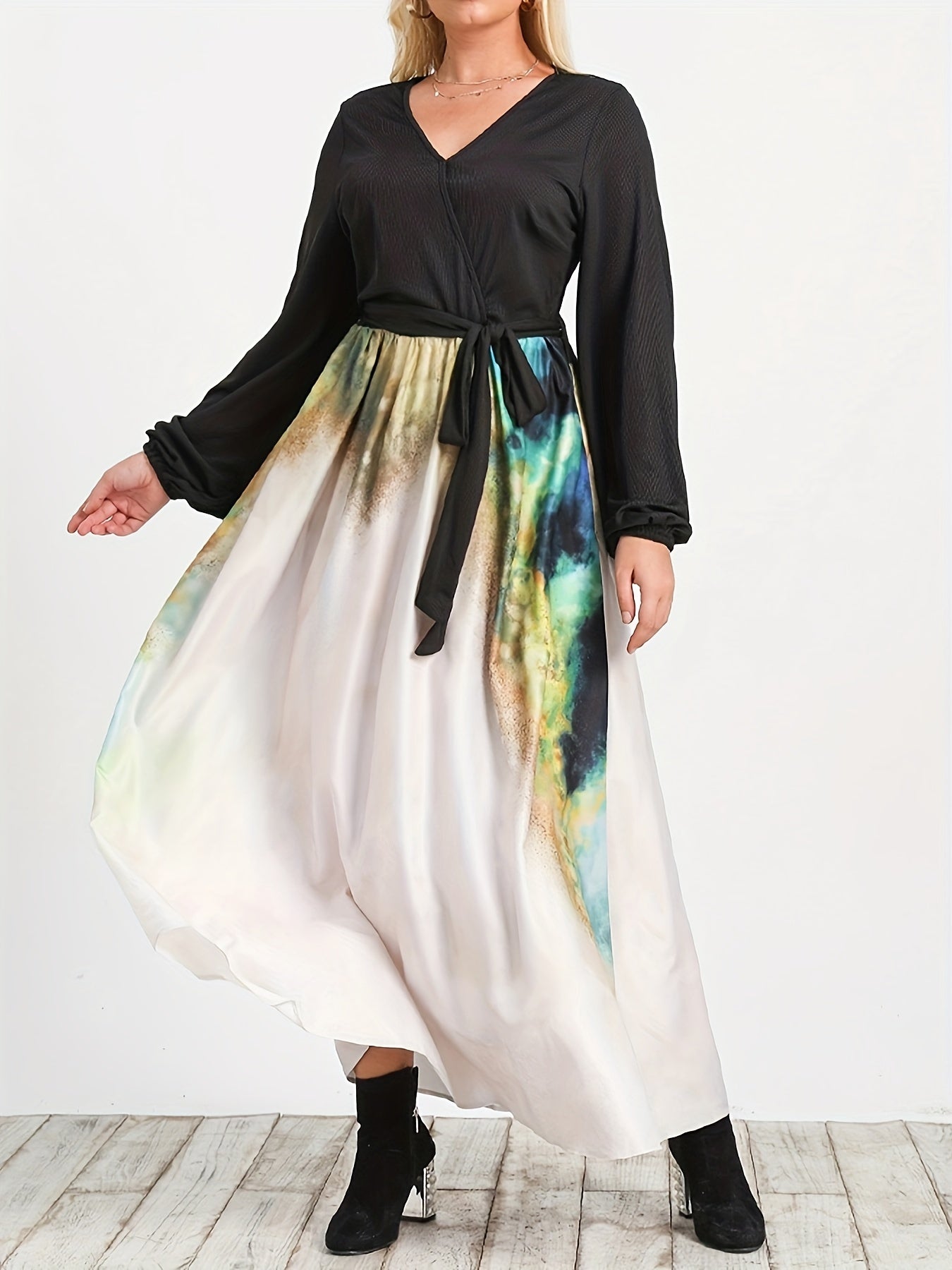  Colorblock Floral Print V Neck Maxi Dress