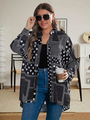  Casual Blouse Women's Plus Patchwork Print Long Sleeve Notched Neck