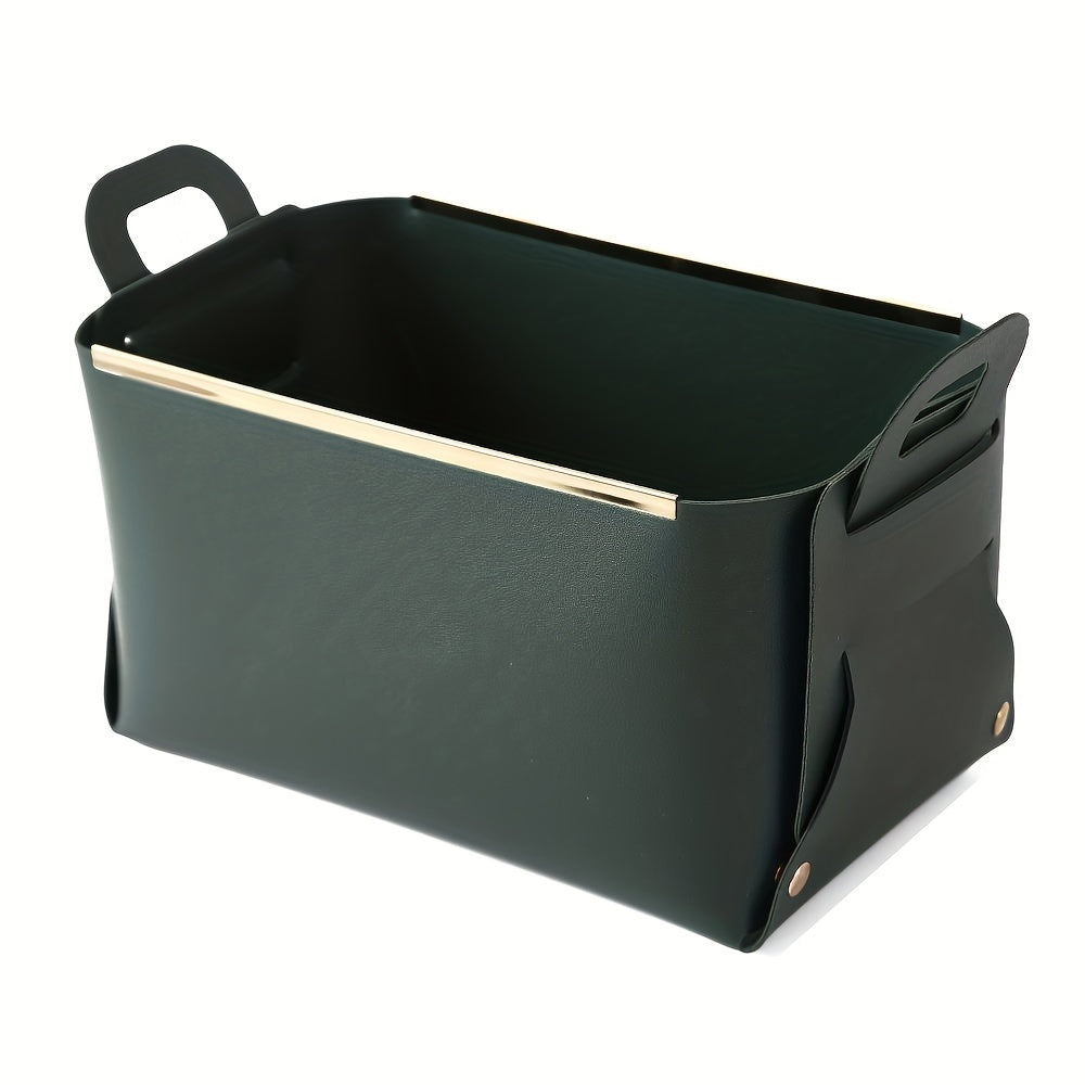 Desktop PU Leather Storage Basket Foldable Storage Box With Handle