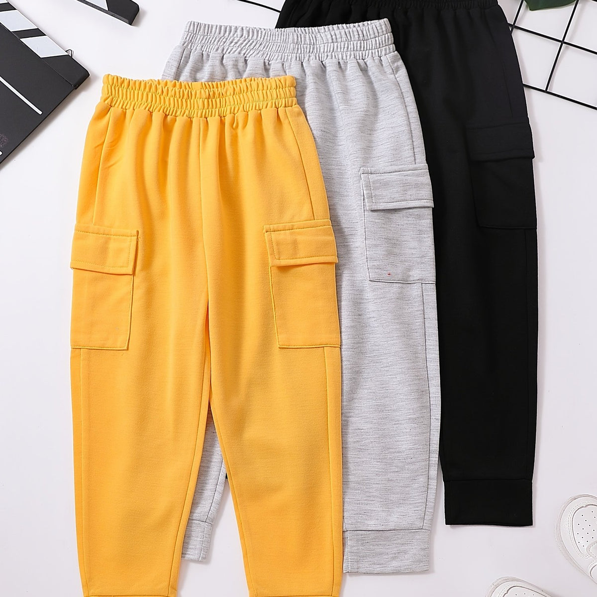 3pcs Toddler Boys Casual Cargo Pants Elastic Waist Jogger Pants