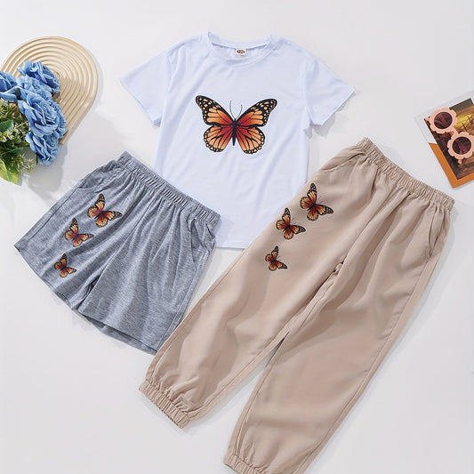 Girls Butterfly Graphic T shirt & Shorts Set for Summer Party