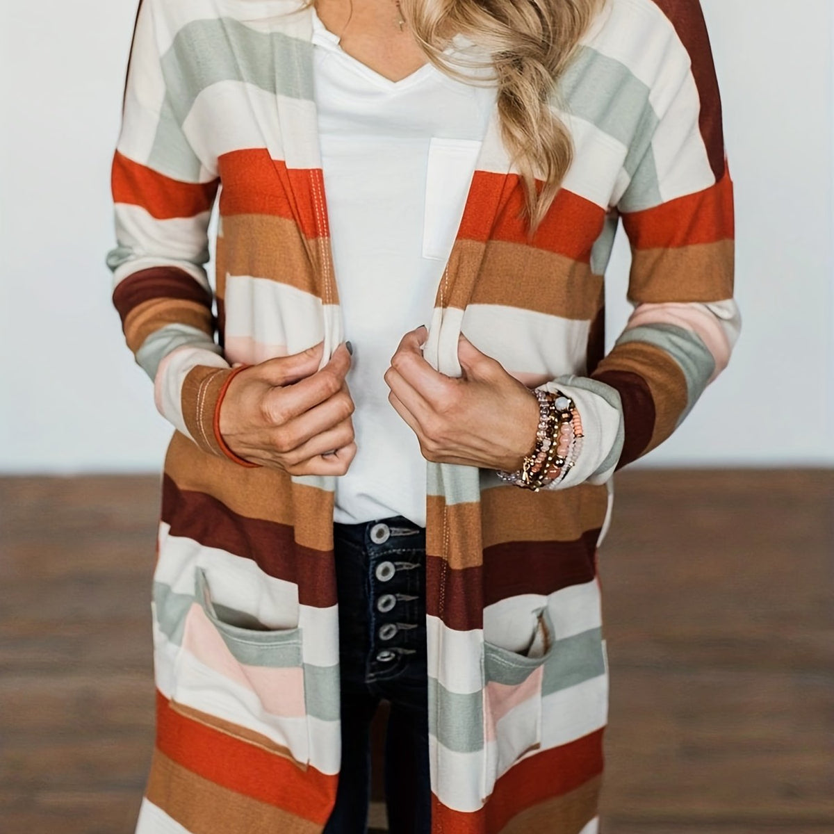  Colorblock Stripe Print Cardigan