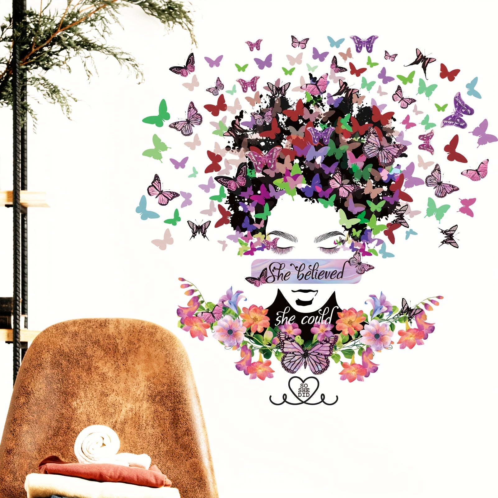 Lady Wall Sticker Butterfly Green Leafs Wall Decal