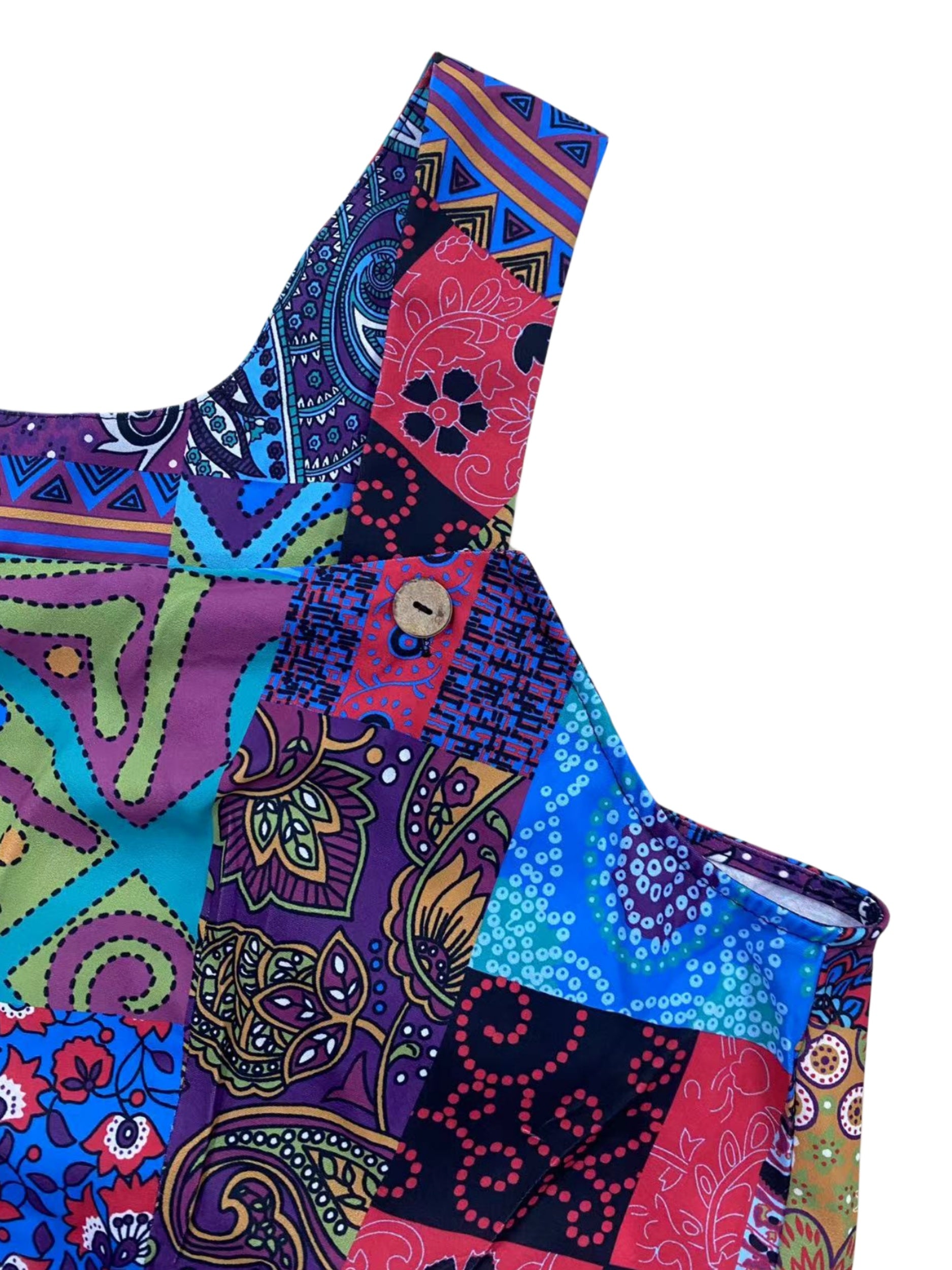  Boho Jumpsuit Women's Colorblock Scarf Print Square Neck Overalls