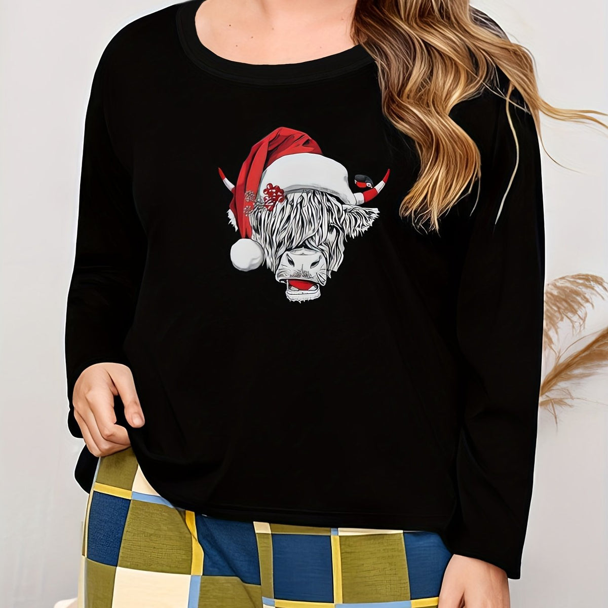  Christmas Lounge Top Women's Plus Cow Print Pajama Top