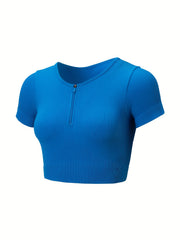 Seamless Sports Yoga Crop Tee Half Zipper Solid Activewear
