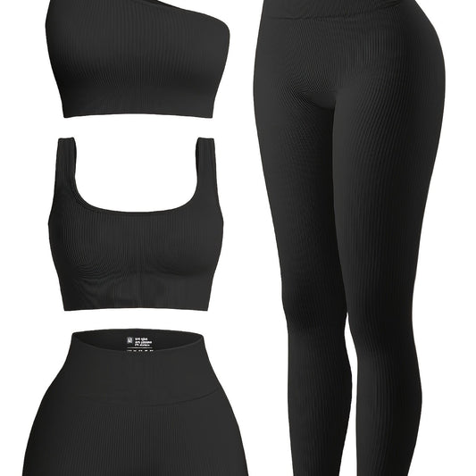 Yoga Workout Set Ribbed One Shoulder Top Crop Tank Hip Lifting Shorts Leggings