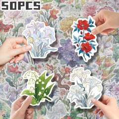 50pcs Flower Illustration Stickers Non Repeating Decor for Holidays & B