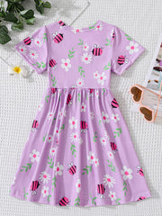 Girls' Bee And Floral Graphic Short Sleeve Skater Dress