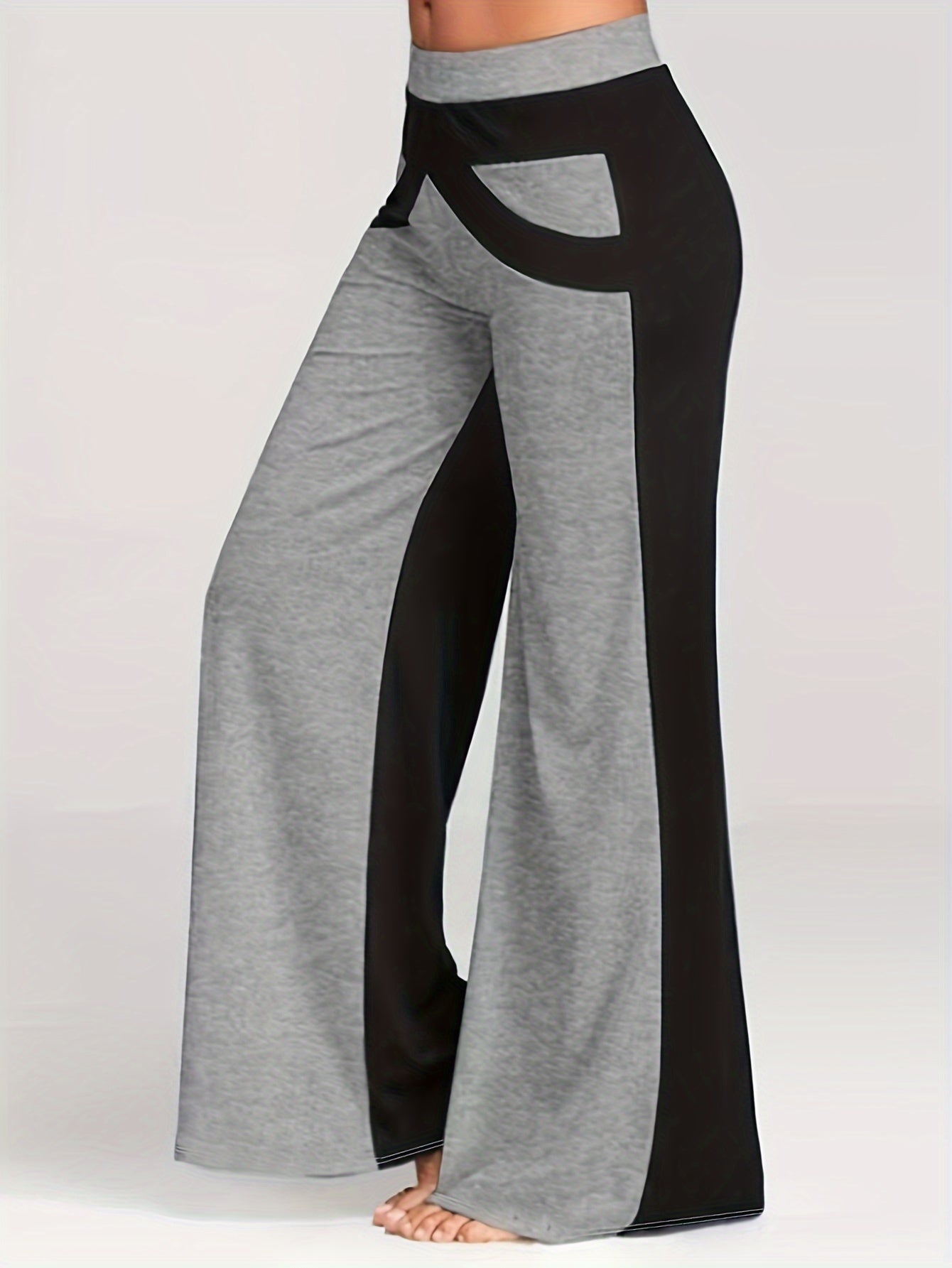  Colorblock Flared Leg Pants High Rise Elastic Waist