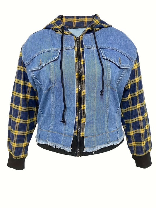  Colorblock Plaid Hooded Denim Jacket