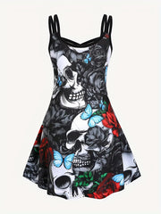 Skull Print Spaghetti Strap Dress Gothic Sleeveless V Neck Dress