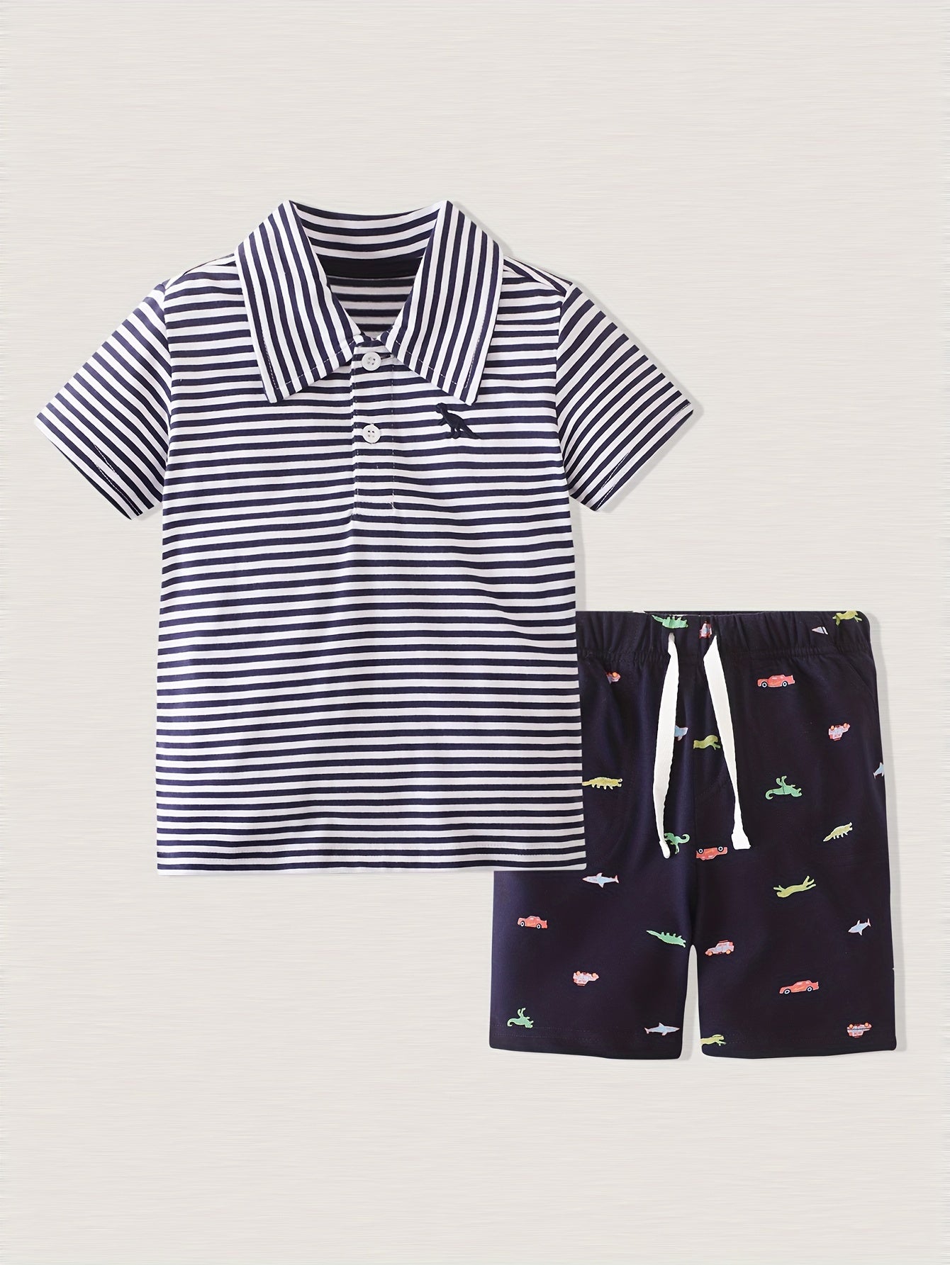 Cartoon Car Shorts & Striped T Shirt Set for Kids