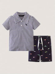 Cartoon Car Shorts & Striped T Shirt Set for Kids