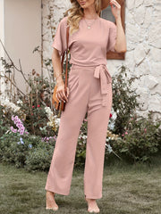 Solid Crew Neck Short Sleeve Jumpsuit High Waist Wide Leg Long Length With Belt