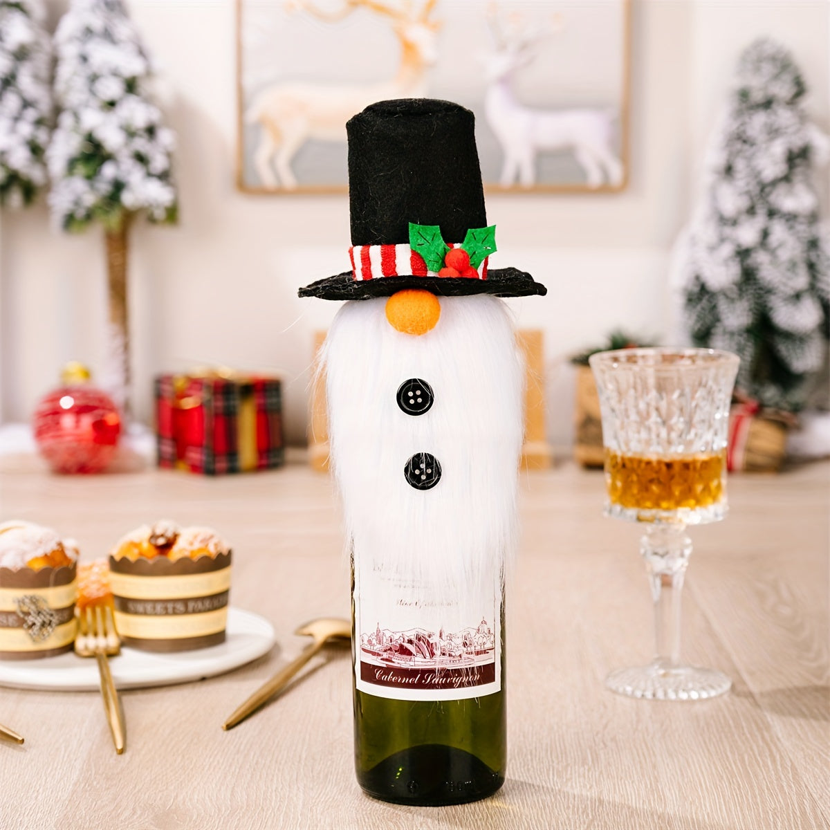 Christmas Tree Wine Bottle Set Antlers Top Hat Dwarf Lid Faceless Doll