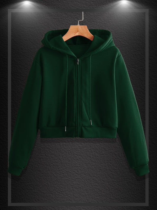 Women's Solid Zip Up Hoodie Drawstring Sweatshirt