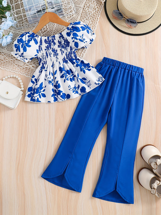 Girls Floral Print Shirred Shirt & Flared Pants Set