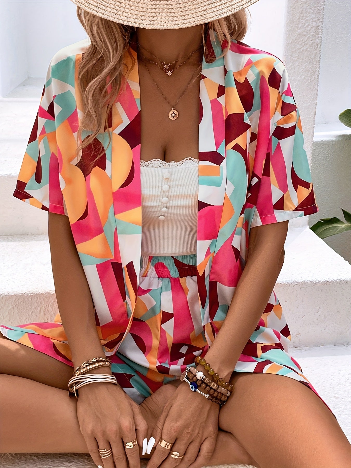 Geo Print Two Piece Set Short Sleeve Open Front Tops & Shorts Outfits