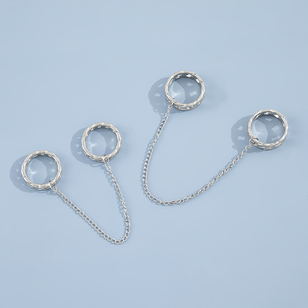 Silver 4 Finger Stacking Ring Double Rings Attached Tassel Chain Ring