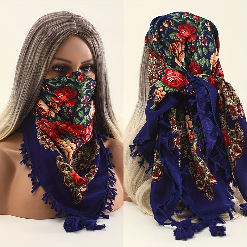 27.5" Printed Square Handkerchief Tassel Towel Sunshade Headscarf
