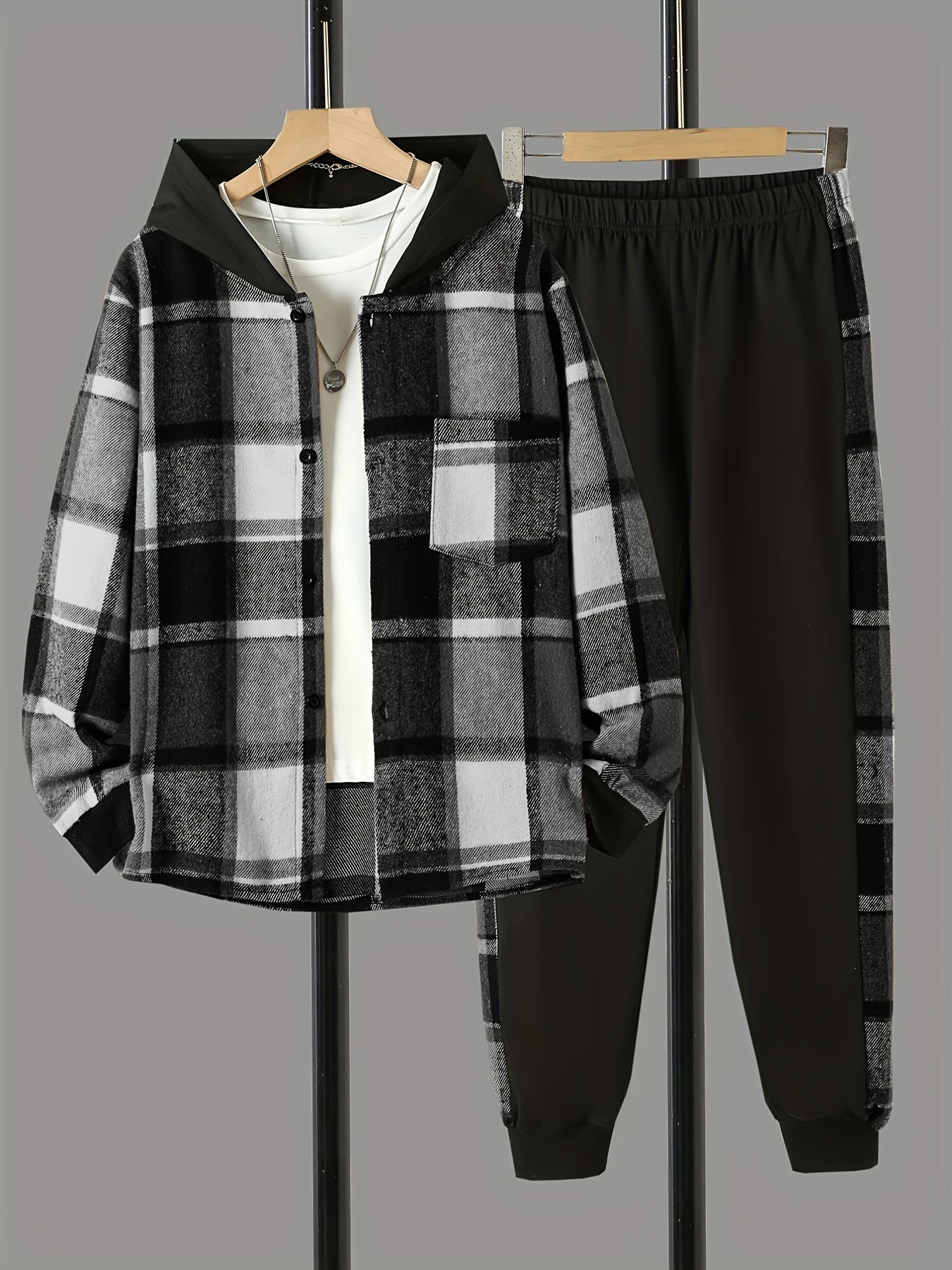 Boys 2pcs Hooded Shirt & Sweatpants Set Plaid Pattern Long Sleeve Top