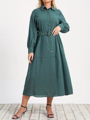  Solid Button Up Lantern Sleeve Shirt Dress With Belt