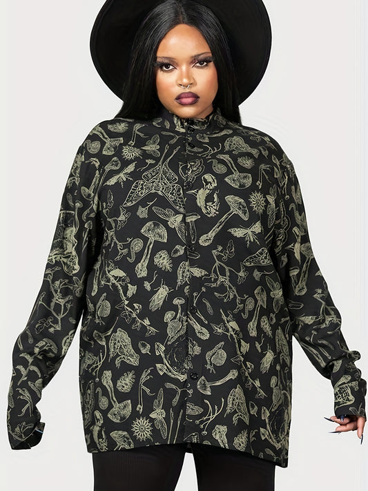  Goth Blouse Mushroom Print Button Up Mock Neck Blouse