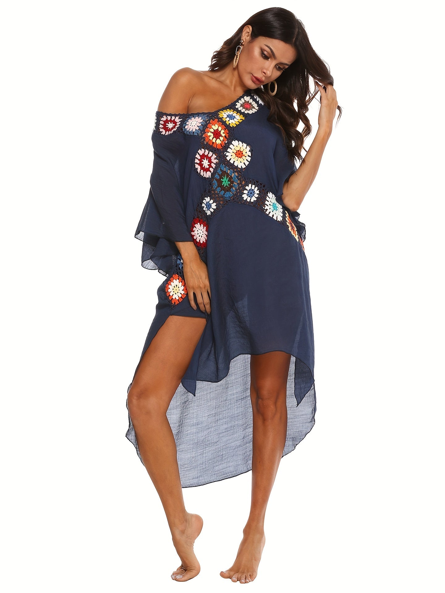 Crochet Floral Decor Beach Dress V Neck Semi Sheer Split Kaftan